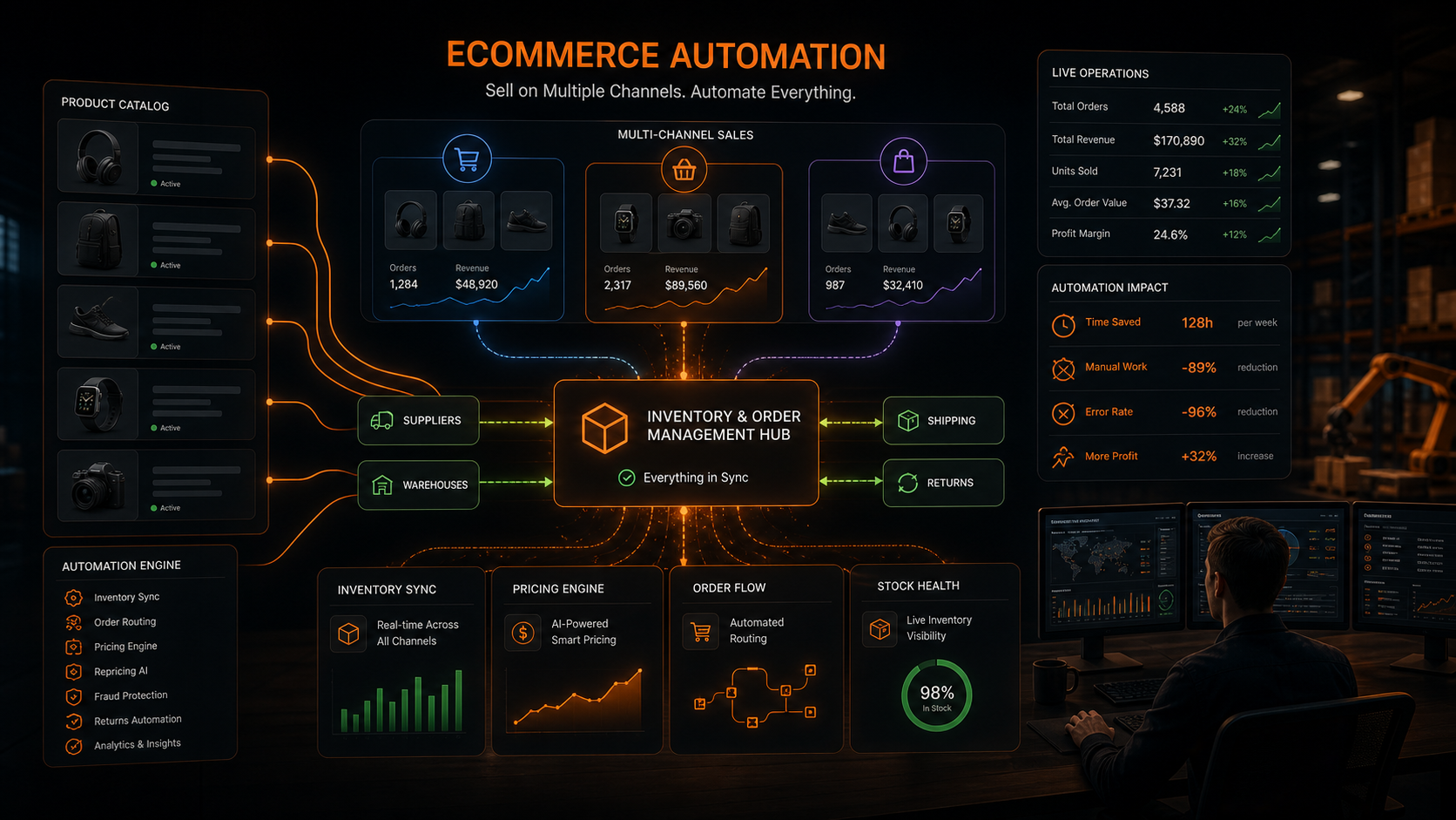multi-channel ecommerce automation premium marketplace visual for Ashflow Intelligence